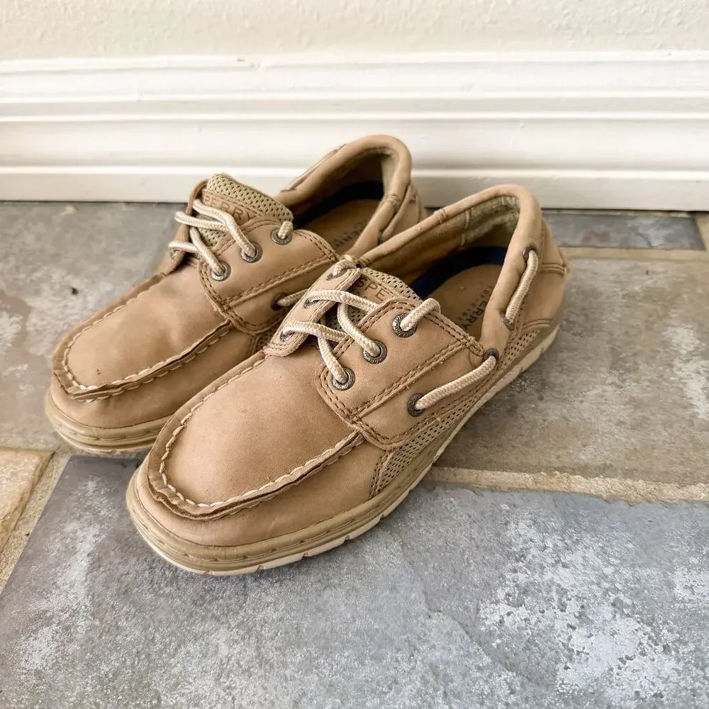 Sperry Billfish Boat Shoes Boys Size 1 Tan Leather Lace Up Slip On